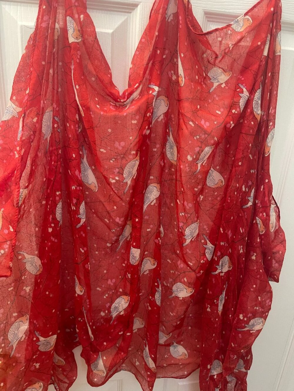 GERINLY Red Bird Print Sheer Cover-Up / Stole / Scarf